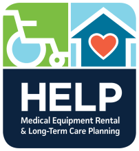 HELP medical equipment and long term planning. logo wheelchair and home